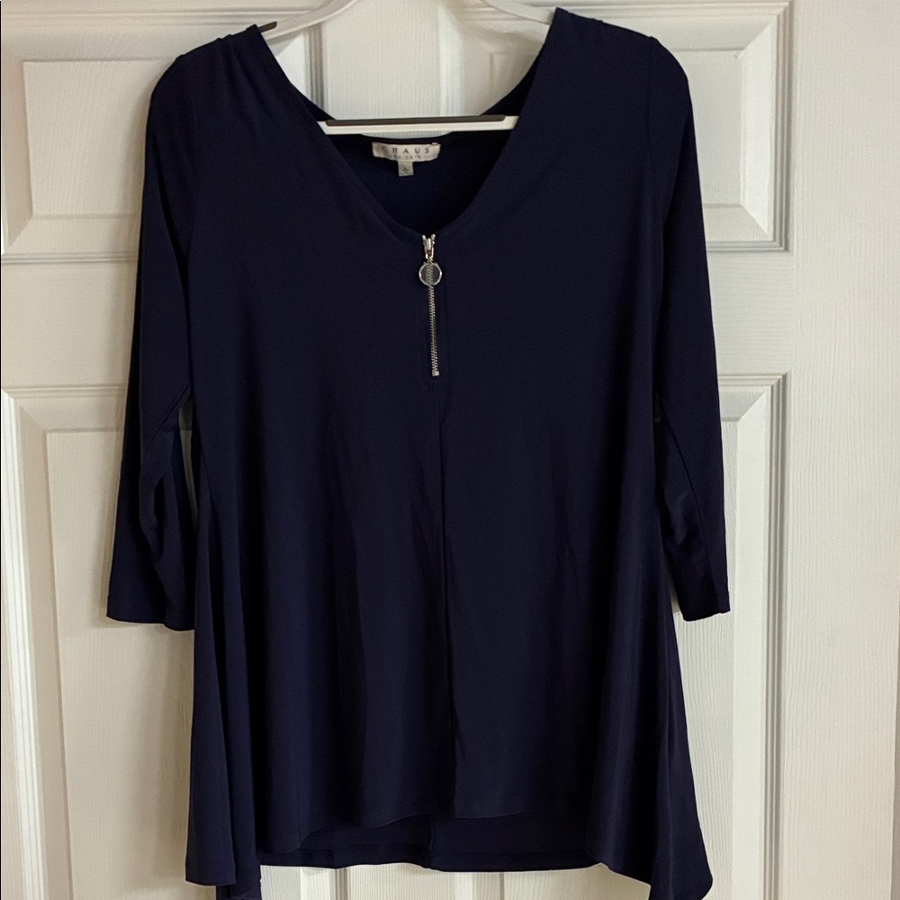 Chaus Navy Zip-Front Three-Quarter Sleeve Tunic